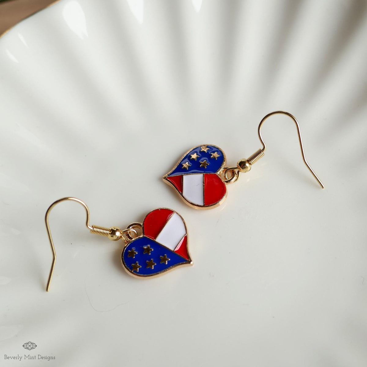Patriotic Heart Earrings , Red White Blue American Flag Jewelry, USA 4th of July Dangle Earrings, Sensitive Ear & Clip-On Options