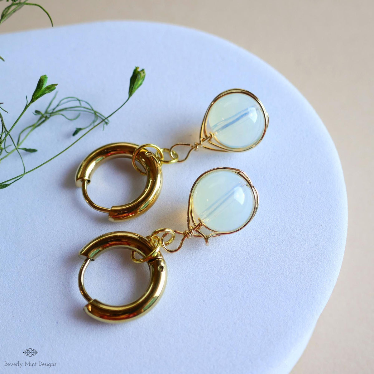 Moonstone drop earrings, wire wrapped dangle earrings, gold huggie earrings, boho minimalist jewelry, birthstone for June