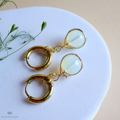 Moonstone drop earrings, wire wrapped dangle earrings, gold huggie earrings, boho minimalist jewelry, birthstone for June