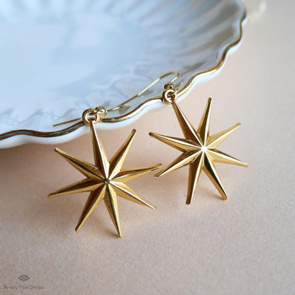 Gold Star Earrings, Statement Earrings, Boho Festival Jewelry, Astrology , Star Dangle Earrings, Sensitive Ear & Clip-On Options
