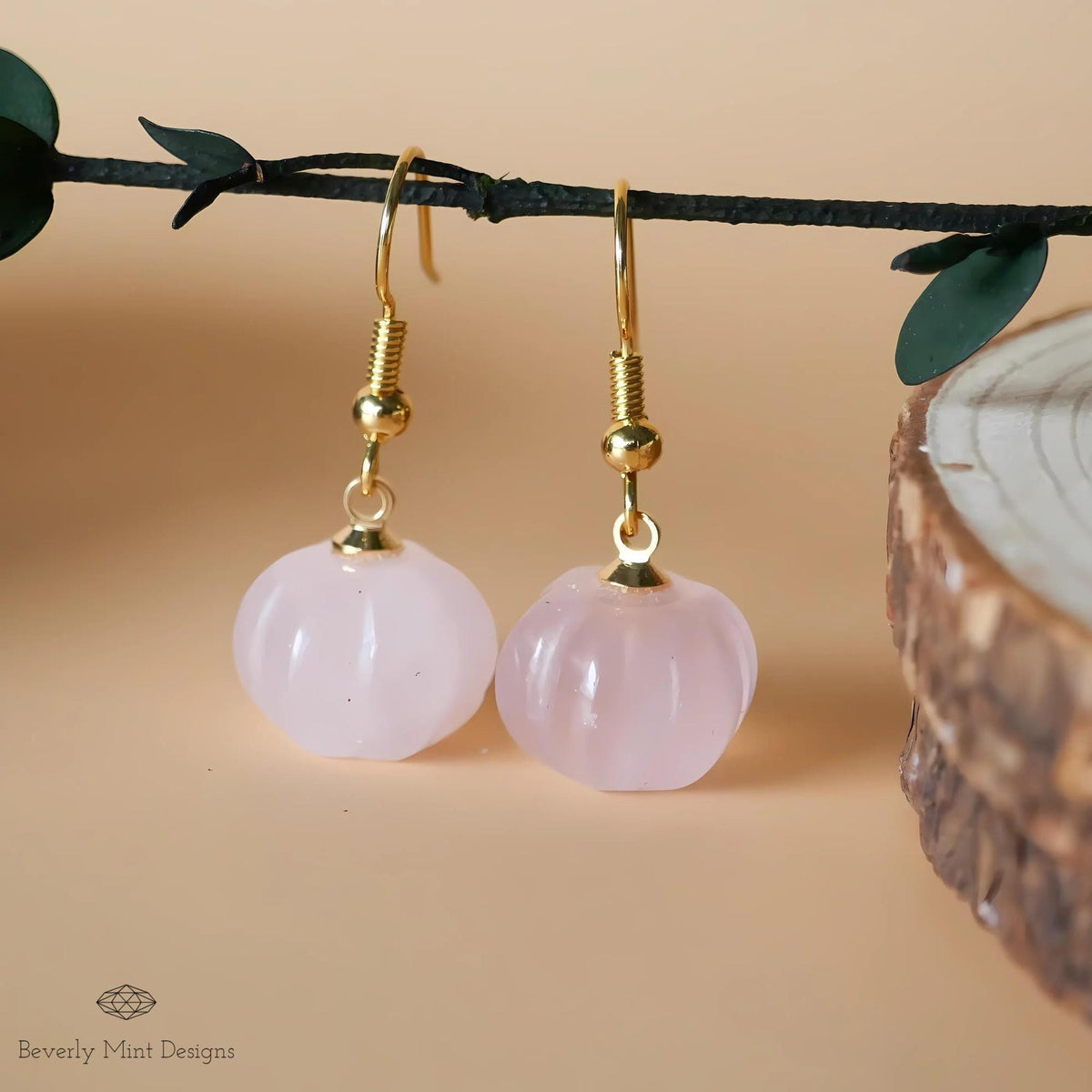 Halloween Pumpkin Earrings, Rose Quartz Earrings, Natural Stone Earrings, Pink Pumpkin Earrings, Sensitive Ear & Clip-On Options