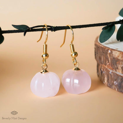 Halloween Pumpkin Earrings, Rose Quartz Earrings, Natural Stone Earrings, Pink Pumpkin Earrings, Sensitive Ear & Clip-On Options