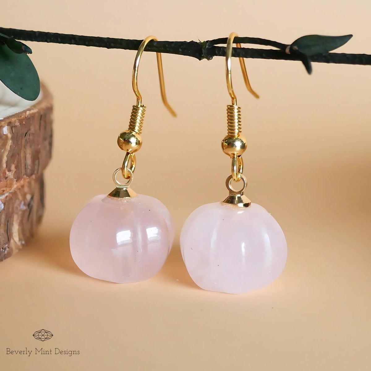 Halloween Pumpkin Earrings, Rose Quartz Earrings, Natural Stone Earrings, Pink Pumpkin Earrings, Sensitive Ear & Clip-On Options
