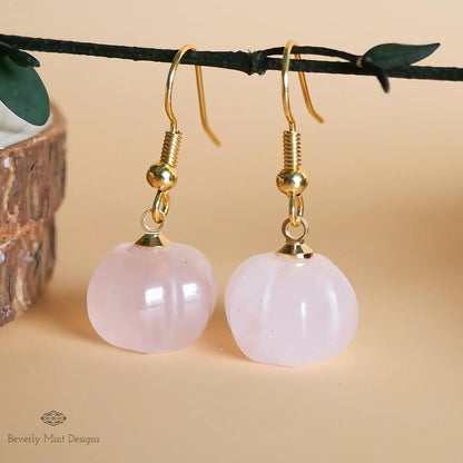 Halloween Pumpkin Earrings, Rose Quartz Earrings, Natural Stone Earrings, Pink Pumpkin Earrings, Sensitive Ear & Clip-On Options