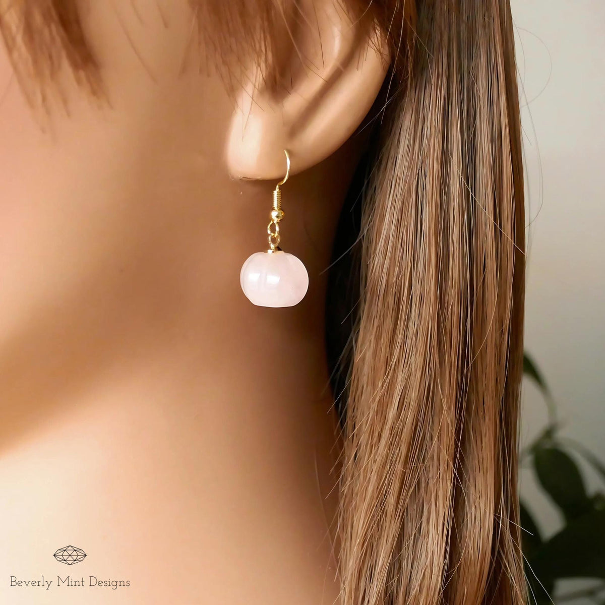 Halloween Pumpkin Earrings, Rose Quartz Earrings, Natural Stone Earrings, Pink Pumpkin Earrings, Sensitive Ear & Clip-On Options