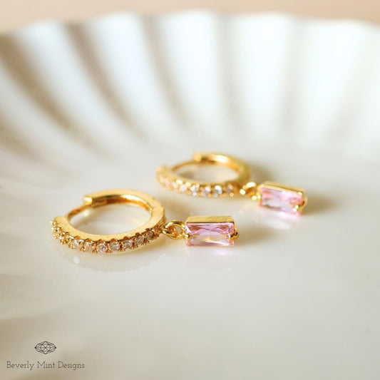 Gold Pave Hoop Earrings, Pink Stone Dangle Earrings, Minimalist Jewelry for Women, Elegant Wedding Earrings