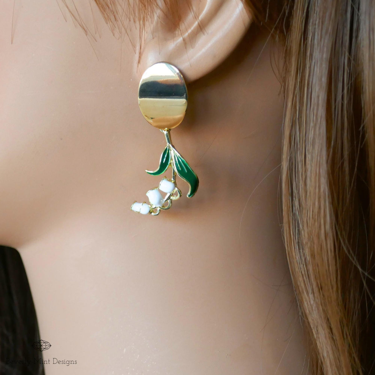 White Lily Of The Valley Flower Earrings, Floral Gold Drop Earrings, Birth Flower for May ,Unique Earrings ,Gift For Her
