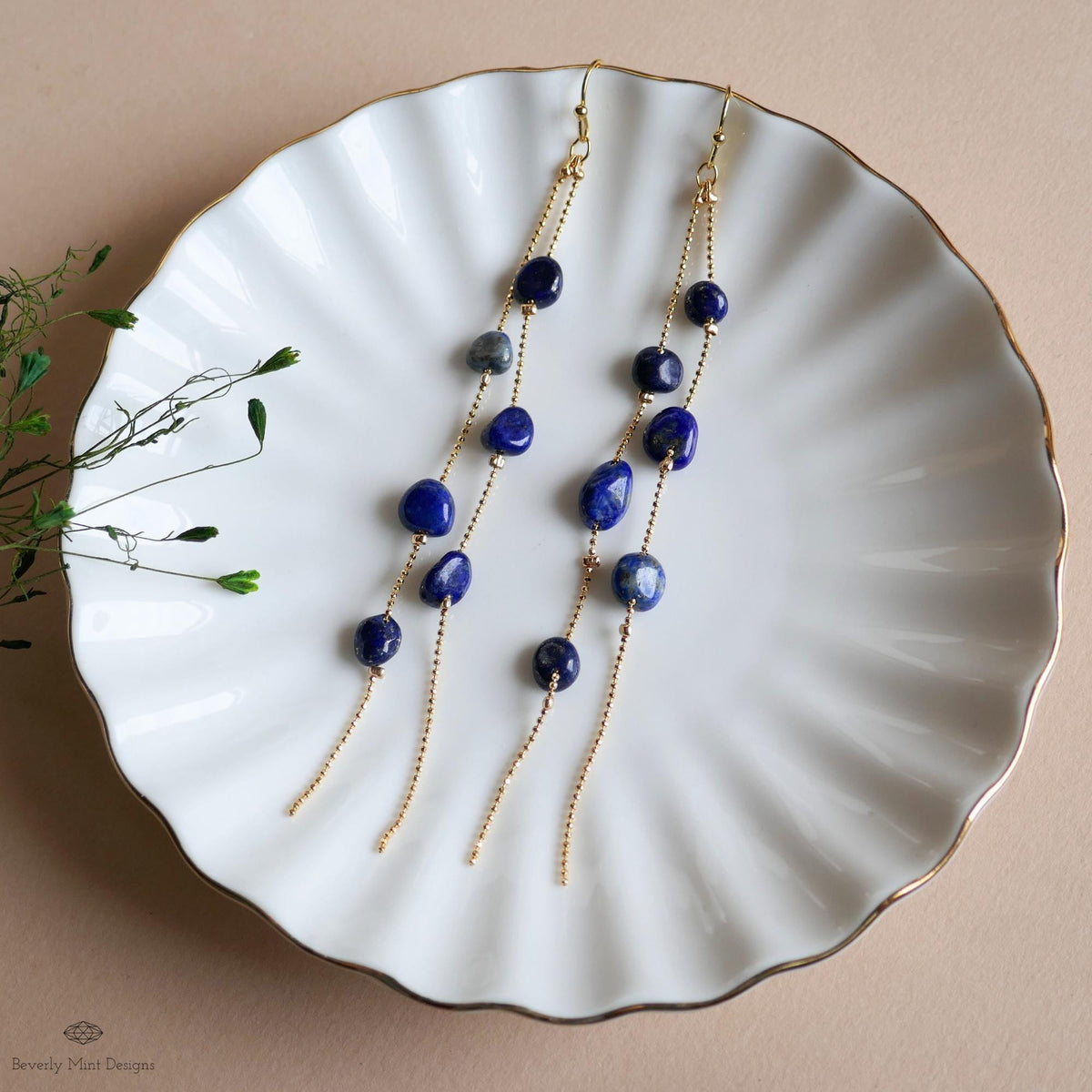 Lapis Lazuli earrings Long Dangle Earrings Gold Beaded Chain Jewelry Bold Blue Earrings Statement Drop, Sensitive Ear & Clip-On Options