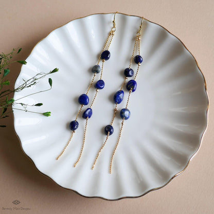 Lapis Lazuli earrings Long Dangle Earrings Gold Beaded Chain Jewelry Bold Blue Earrings Statement Drop, Sensitive Ear & Clip-On Options