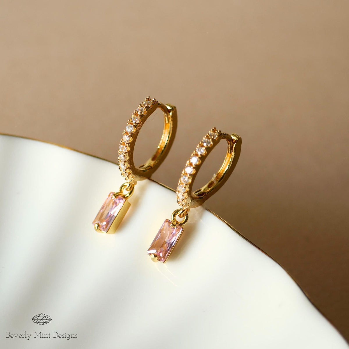 Gold Pave Hoop Earrings, Pink Stone Dangle Earrings, Minimalist Jewelry for Women, Elegant Wedding Earrings
