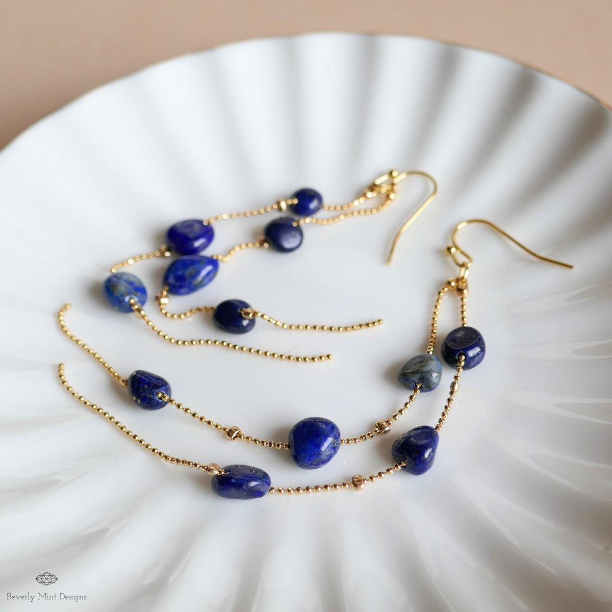 Lapis Lazuli earrings Long Dangle Earrings Gold Beaded Chain Jewelry Bold Blue Earrings Statement Drop, Sensitive Ear & Clip-On Options