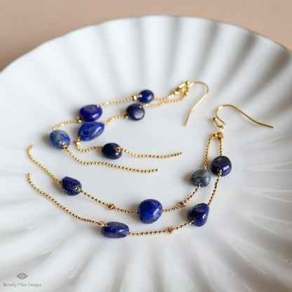 Lapis Lazuli earrings Long Dangle Earrings Gold Beaded Chain Jewelry Bold Blue Earrings Statement Drop, Sensitive Ear & Clip-On Options