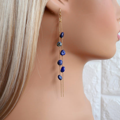 Lapis Lazuli earrings Long Dangle Earrings Gold Beaded Chain Jewelry Bold Blue Earrings Statement Drop, Sensitive Ear & Clip-On Options