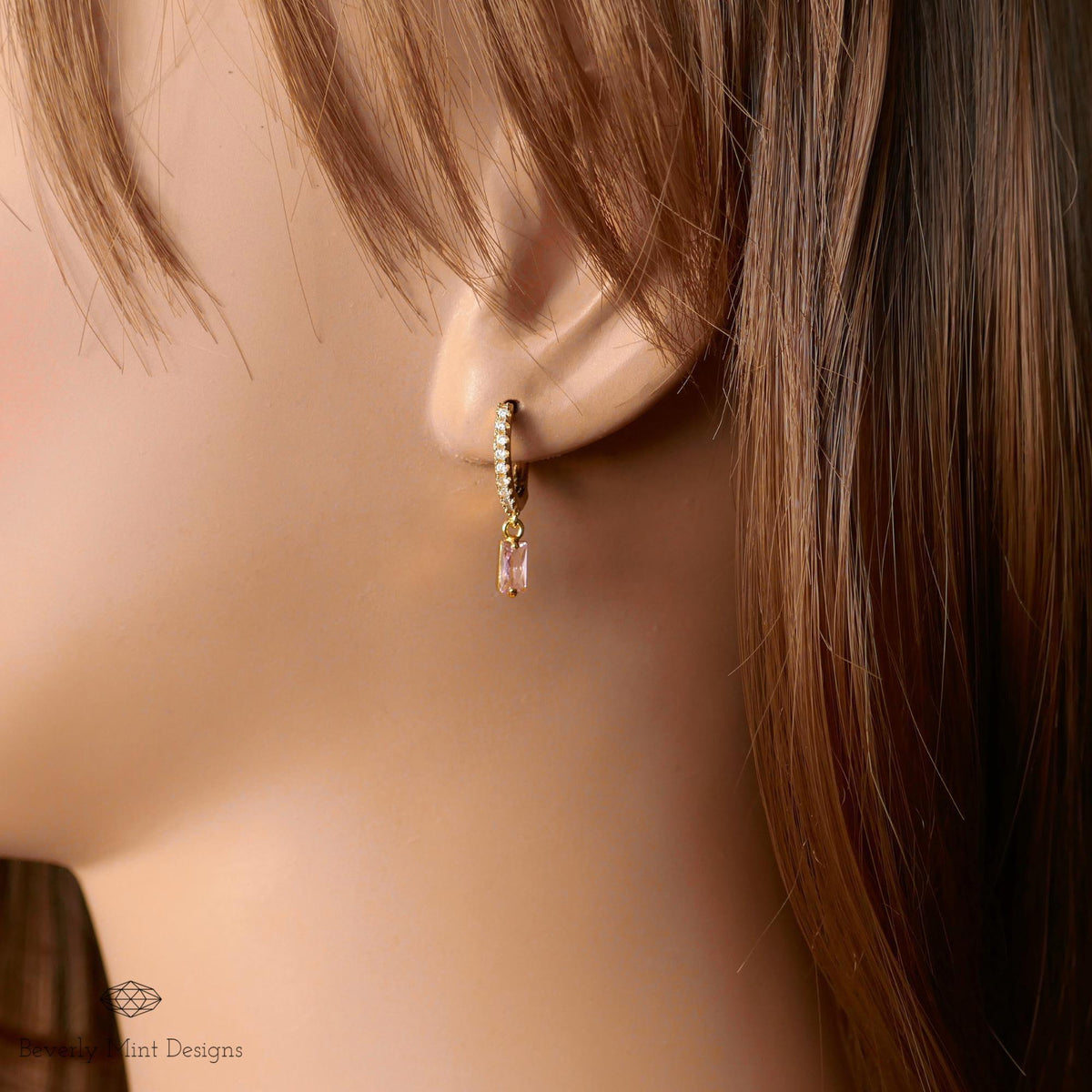 Gold Pave Hoop Earrings, Pink Stone Dangle Earrings, Minimalist Jewelry for Women, Elegant Wedding Earrings