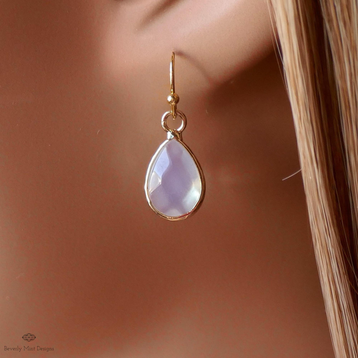 Teardrop opalite earrings, opalite dangle earrings, gold chunky huggie hoops, faceted drop earrings, Sensitive Ear & Clip-On Options