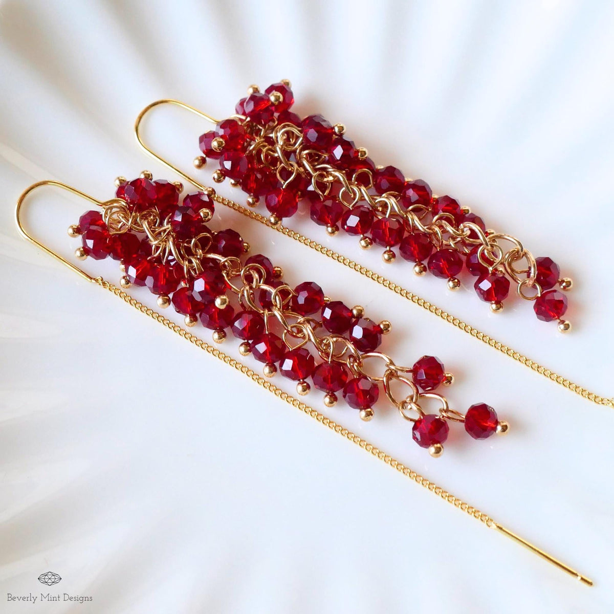 Red Crystal Dangle Earrings Gold Drop Earrings Sparkly Cluster Beaded Earrings Statement Jewelry Holiday, Sensitive Ear & Clip-On Options