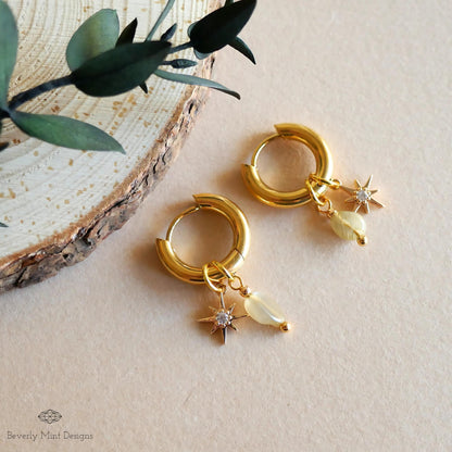 Gold Star Hoop Earrings, Minimalist Dangle Hoops, Celestial Statement Jewelry, 18K Gold Huggie Earrings, Chunky Huggie Hoops