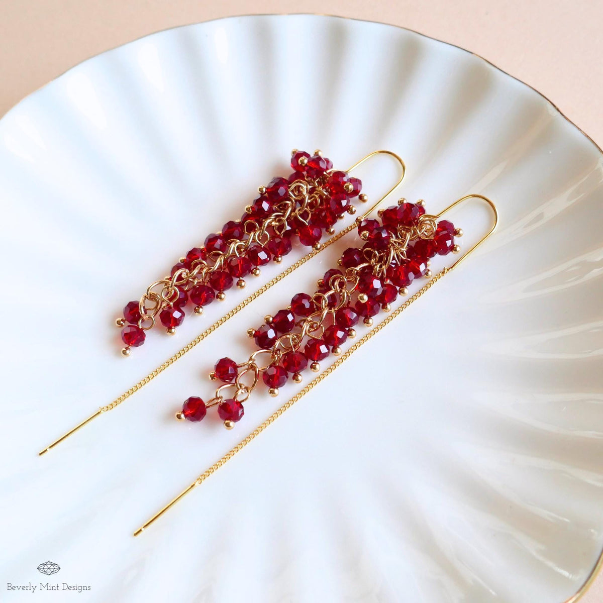 Red Crystal Dangle Earrings Gold Drop Earrings Sparkly Cluster Beaded Earrings Statement Jewelry Holiday, Sensitive Ear & Clip-On Options