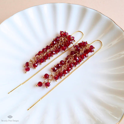 Red Crystal Dangle Earrings Gold Drop Earrings Sparkly Cluster Beaded Earrings Statement Jewelry Holiday, Sensitive Ear & Clip-On Options