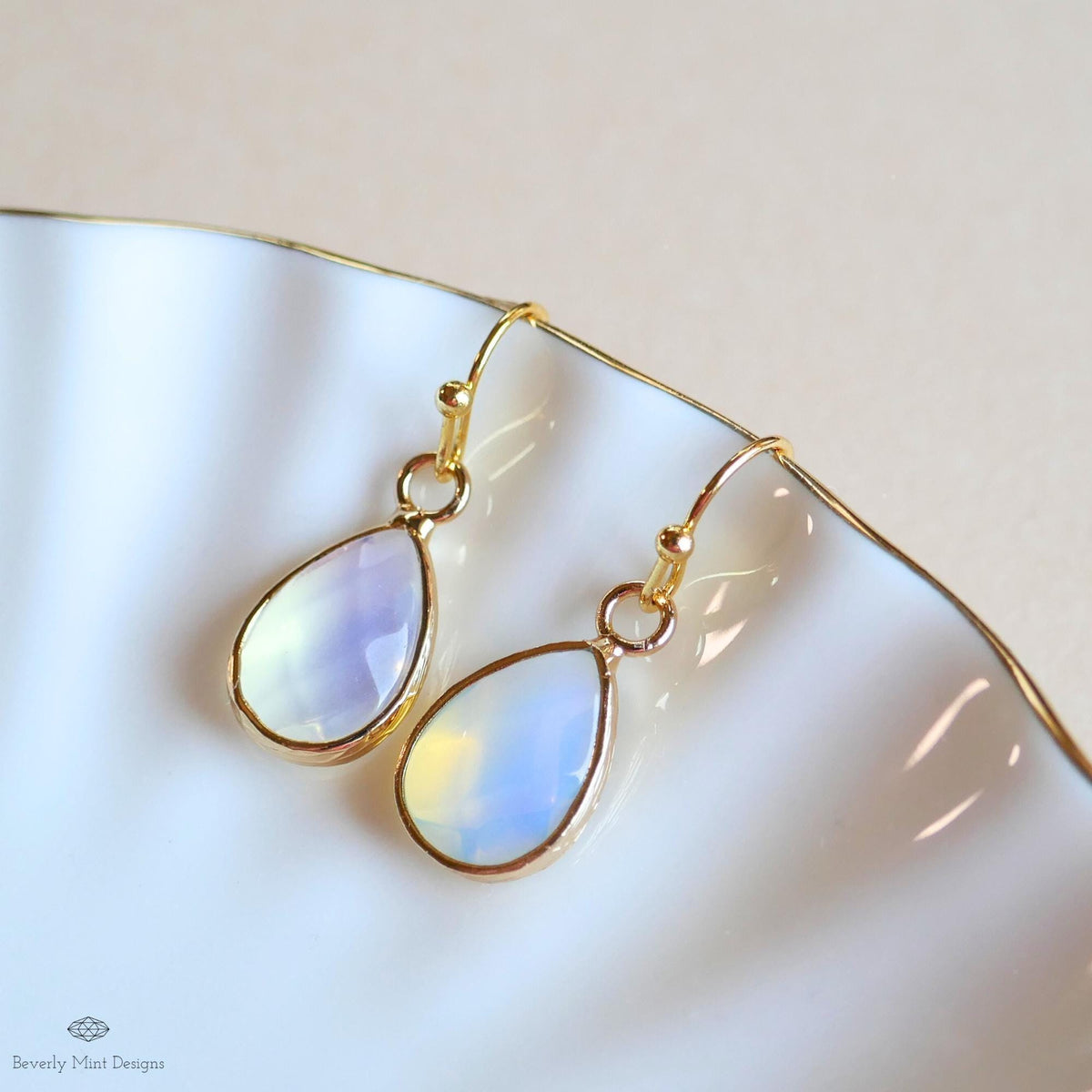Teardrop opalite earrings, opalite dangle earrings, gold chunky huggie hoops, faceted drop earrings, Sensitive Ear & Clip-On Options