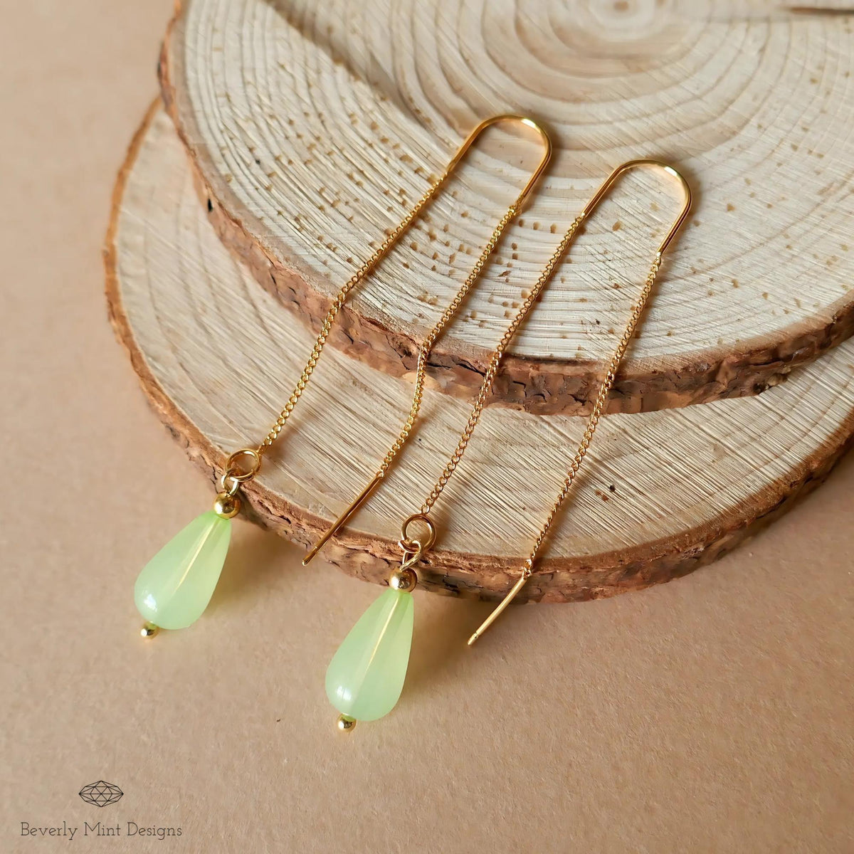 18K Gold Plated Teardrop Threader Earrings, Minimalist Green Dangle Jewelry, Sensitive Ear & Clip-On Options