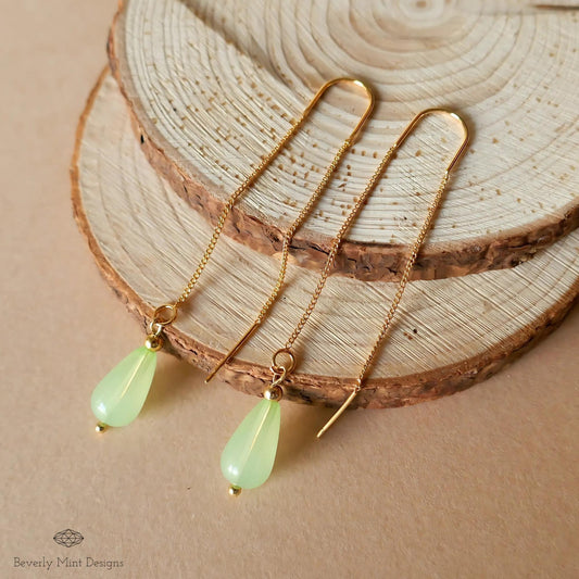 18K Gold Plated Teardrop Threader Earrings, Minimalist Green Dangle Jewelry, Sensitive Ear & Clip-On Options