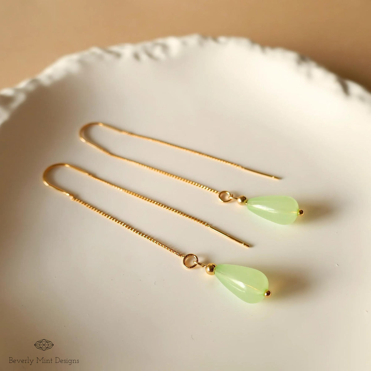 18K Gold Plated Teardrop Threader Earrings, Minimalist Green Dangle Jewelry, Sensitive Ear & Clip-On Options