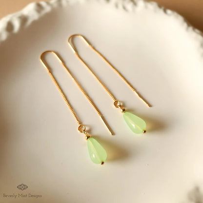 18K Gold Plated Teardrop Threader Earrings, Minimalist Green Dangle Jewelry, Sensitive Ear & Clip-On Options
