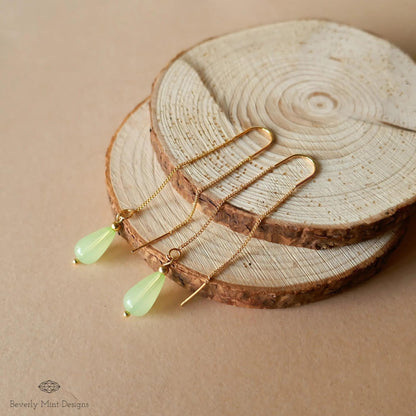 18K Gold Plated Teardrop Threader Earrings, Minimalist Green Dangle Jewelry, Sensitive Ear & Clip-On Options