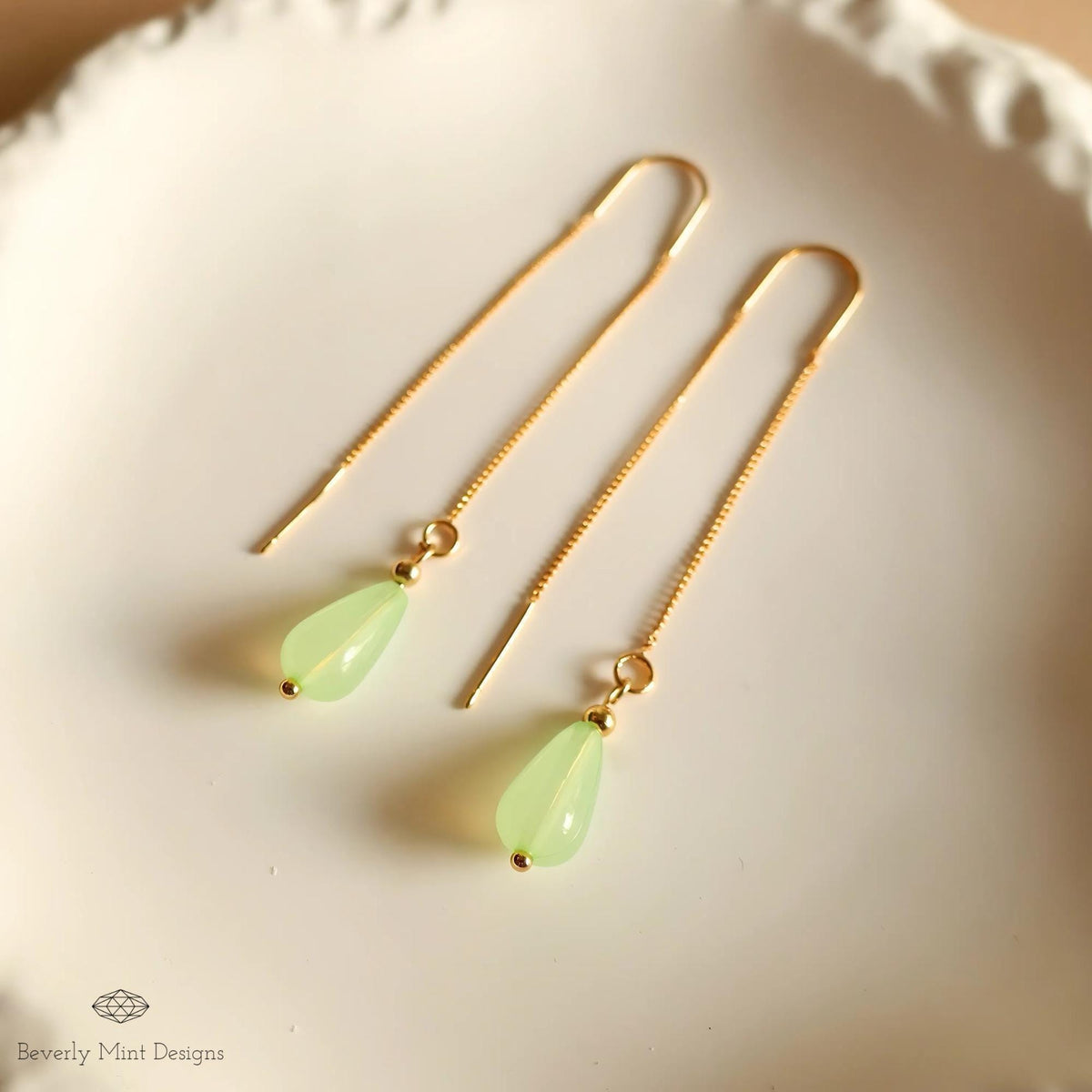 18K Gold Plated Teardrop Threader Earrings, Minimalist Green Dangle Jewelry, Sensitive Ear & Clip-On Options