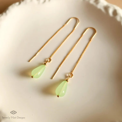 18K Gold Plated Teardrop Threader Earrings, Minimalist Green Dangle Jewelry, Sensitive Ear & Clip-On Options