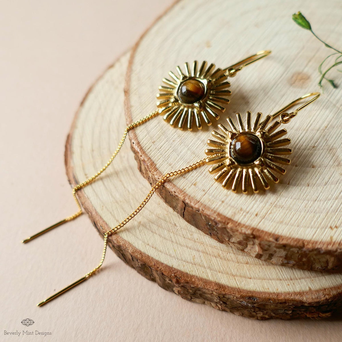 Sun Earrings, Tiger and #39;s Eye Sunburst Threader Earrings , Gold Dangle Natural Stone Jewelry, Sensitive Ear & Clip-On Options