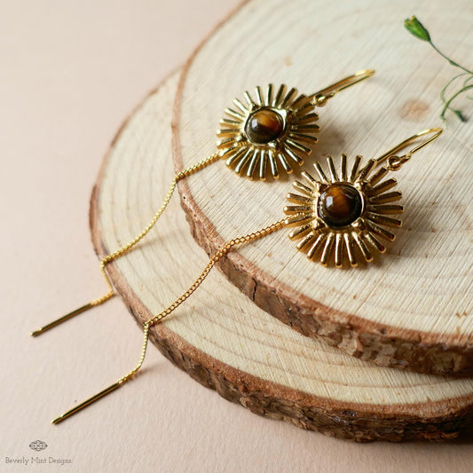 Sun Earrings, Tiger and #39;s Eye Sunburst Threader Earrings , Gold Dangle Natural Stone Jewelry, Sensitive Ear & Clip-On Options