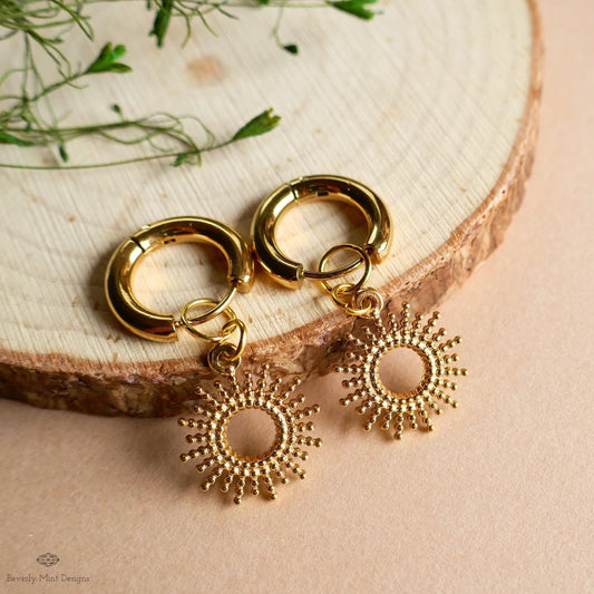 Gold Sunburst Hoop Earrings, Textured Dangle Earrings Celestial Boho Jewelry, Chunky Huggie Earrings, Holiday Gift
