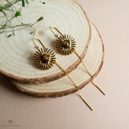 Sun Earrings, Tiger and #39;s Eye Sunburst Threader Earrings , Gold Dangle Natural Stone Jewelry, Sensitive Ear & Clip-On Options