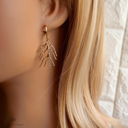 Gold Branch Dangle Earrings, Long Dangle Earrings, Nature Inspired Jewelry, Minimalist Earrings, Sensitive Ear & Clip-On Options