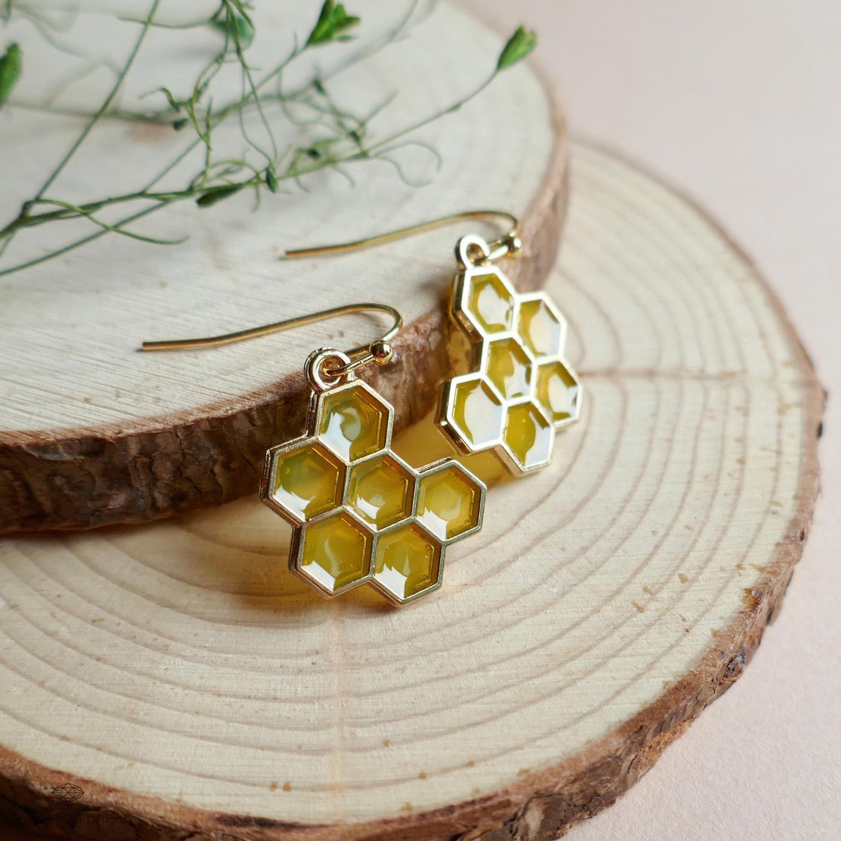 Honeycomb Earrings, Bee Inspired Jewelry, Gold Hexagon Drop Earrings, Nature Boho Dangle Earrings, Sensitive Ear & Clip-On Options
