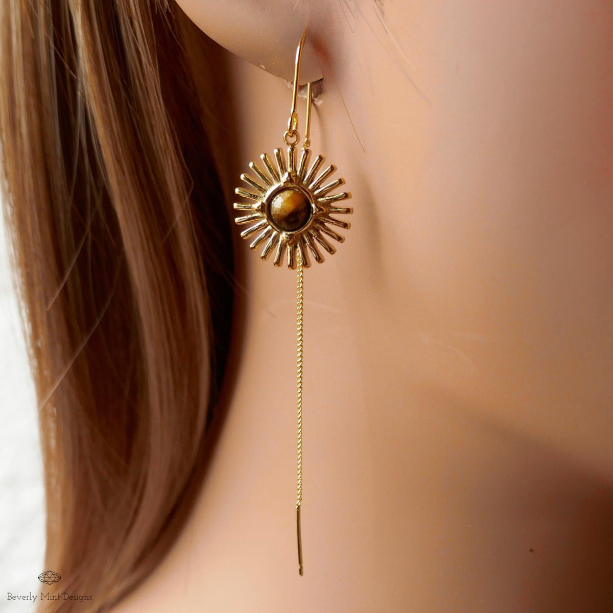 Sun Earrings, Tiger and #39;s Eye Sunburst Threader Earrings , Gold Dangle Natural Stone Jewelry, Sensitive Ear & Clip-On Options