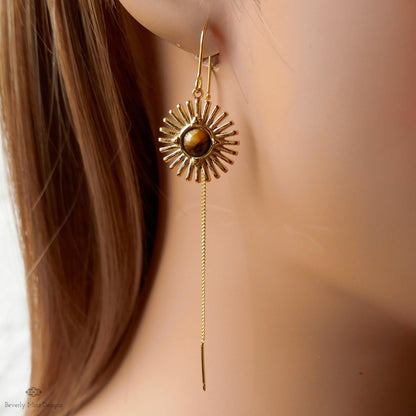 Sun Earrings, Tiger and #39;s Eye Sunburst Threader Earrings , Gold Dangle Natural Stone Jewelry, Sensitive Ear & Clip-On Options