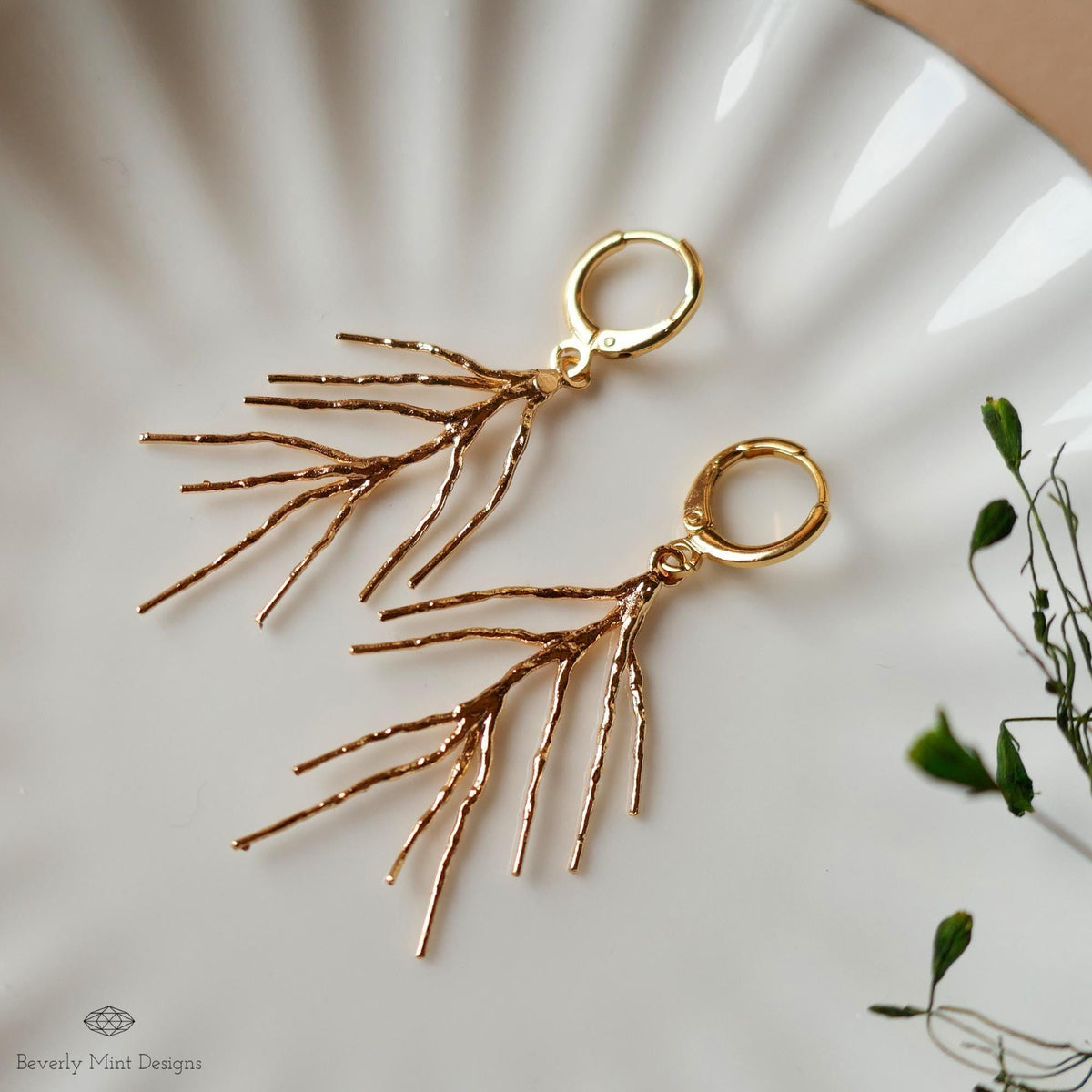Gold Branch Dangle Earrings, Long Dangle Earrings, Nature Inspired Jewelry, Minimalist Earrings, Sensitive Ear & Clip-On Options