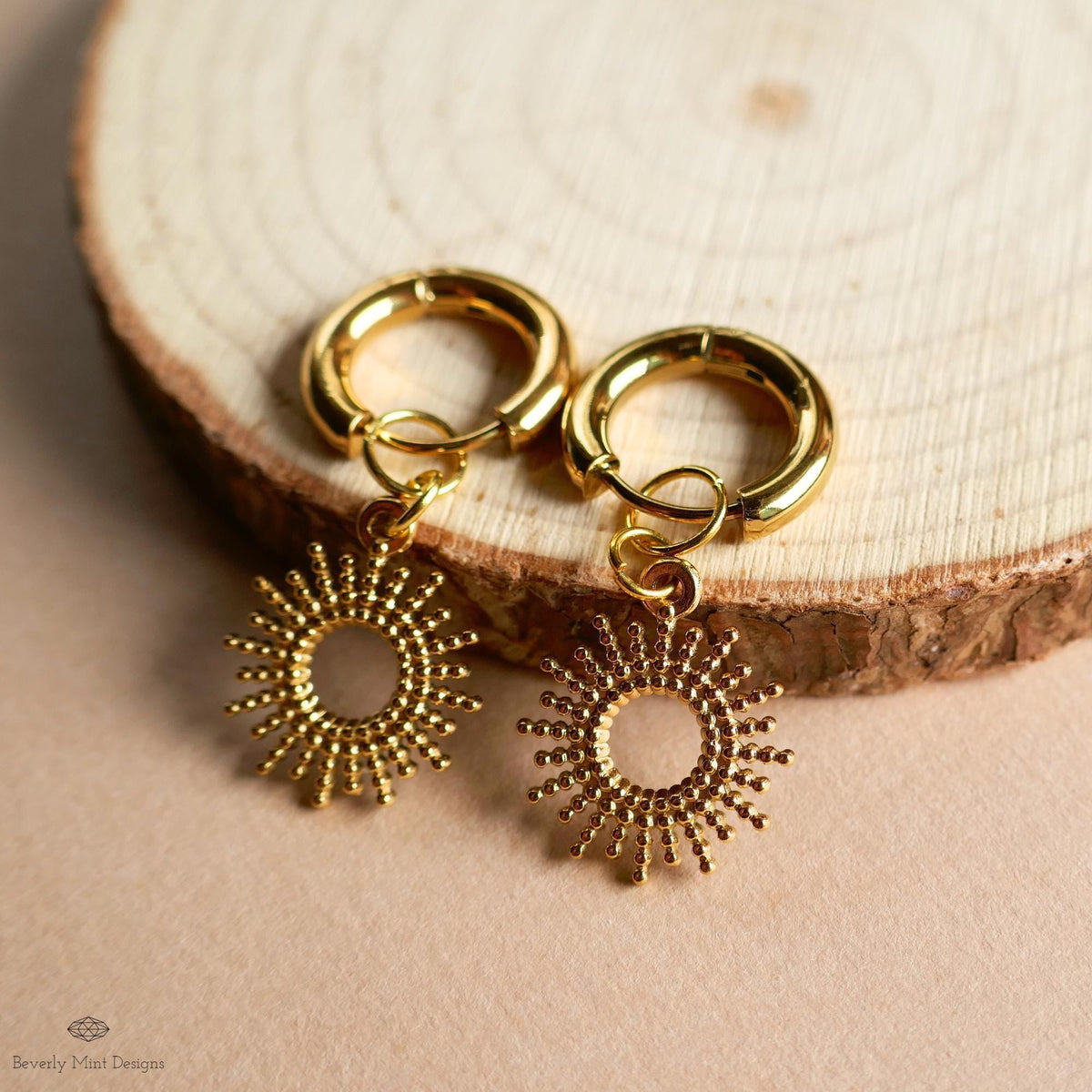 Gold Sunburst Hoop Earrings, Textured Dangle Earrings Celestial Boho Jewelry, Chunky Huggie Earrings, Holiday Gift