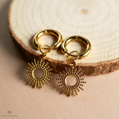 Gold Sunburst Hoop Earrings, Textured Dangle Earrings Celestial Boho Jewelry, Chunky Huggie Earrings, Holiday Gift