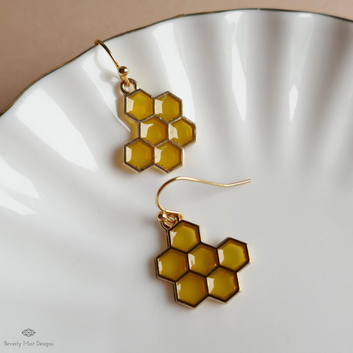 Honeycomb Earrings, Bee Inspired Jewelry, Gold Hexagon Drop Earrings, Nature Boho Dangle Earrings, Sensitive Ear & Clip-On Options