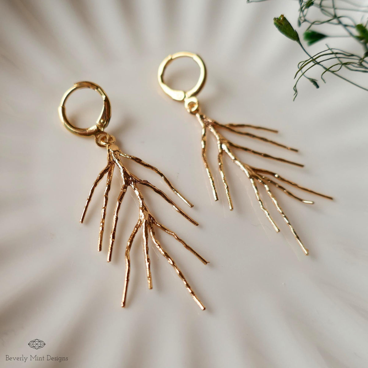 Gold Branch Dangle Earrings, Long Dangle Earrings, Nature Inspired Jewelry, Minimalist Earrings, Sensitive Ear & Clip-On Options