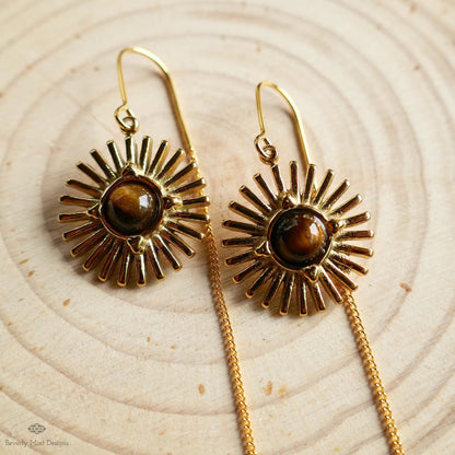 Sun Earrings, Tiger and #39;s Eye Sunburst Threader Earrings , Gold Dangle Natural Stone Jewelry, Sensitive Ear & Clip-On Options