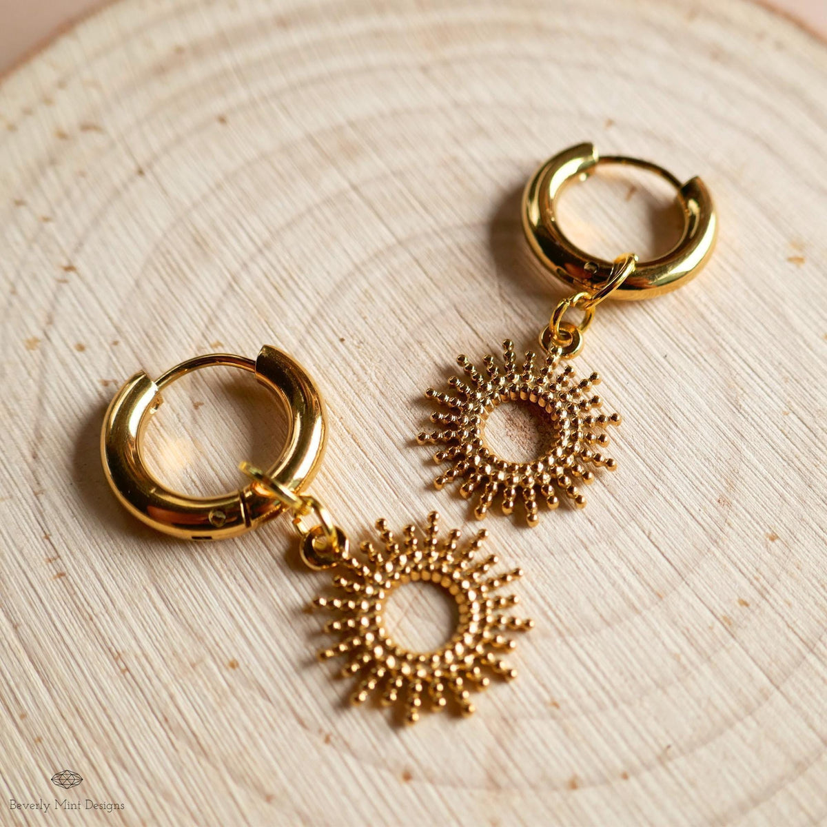 Gold Sunburst Hoop Earrings, Textured Dangle Earrings Celestial Boho Jewelry, Chunky Huggie Earrings, Holiday Gift