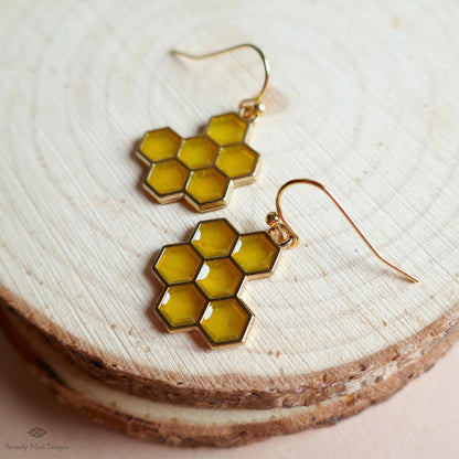 Honeycomb Earrings, Bee Inspired Jewelry, Gold Hexagon Drop Earrings, Nature Boho Dangle Earrings, Sensitive Ear & Clip-On Options
