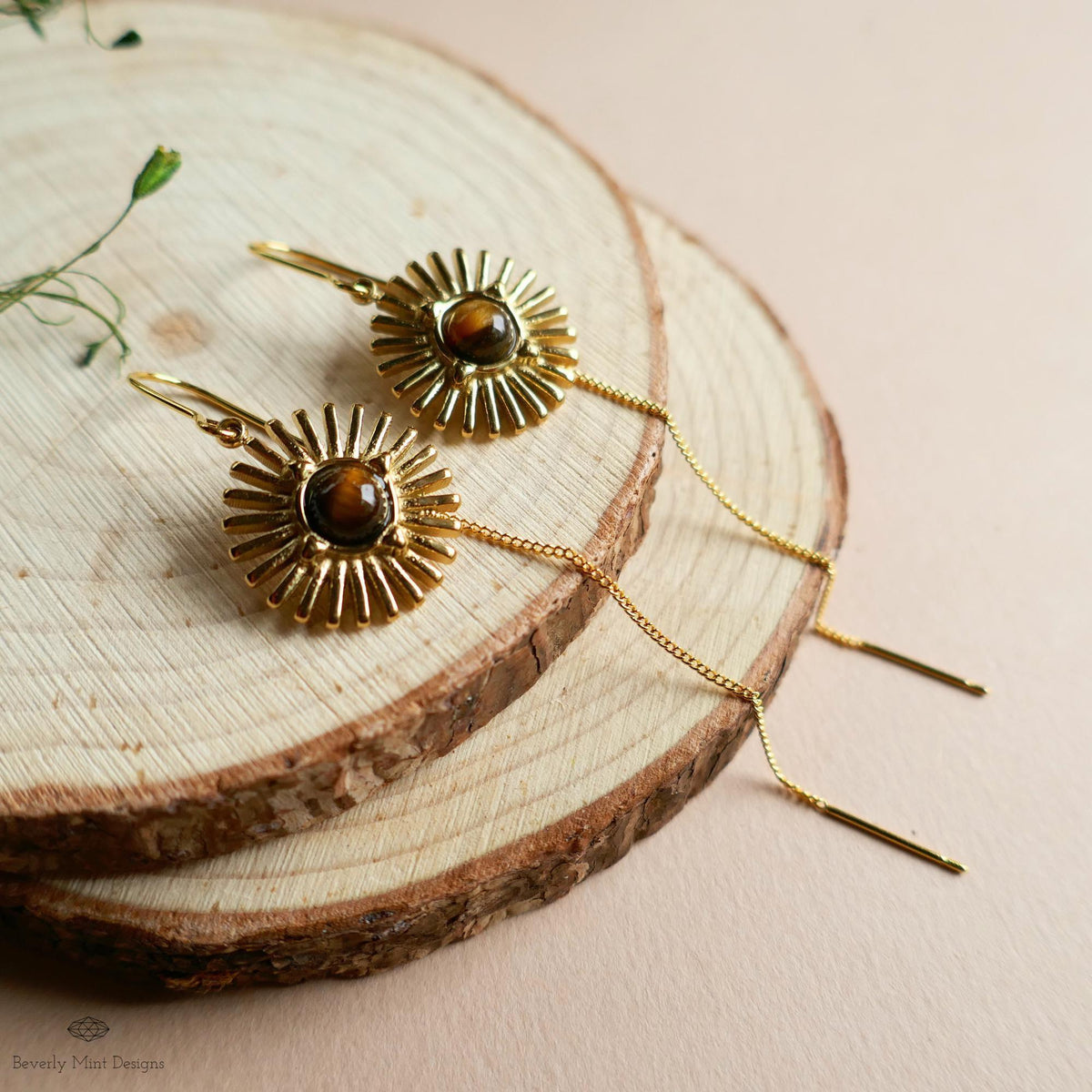 Sun Earrings, Tiger and #39;s Eye Sunburst Threader Earrings , Gold Dangle Natural Stone Jewelry, Sensitive Ear & Clip-On Options