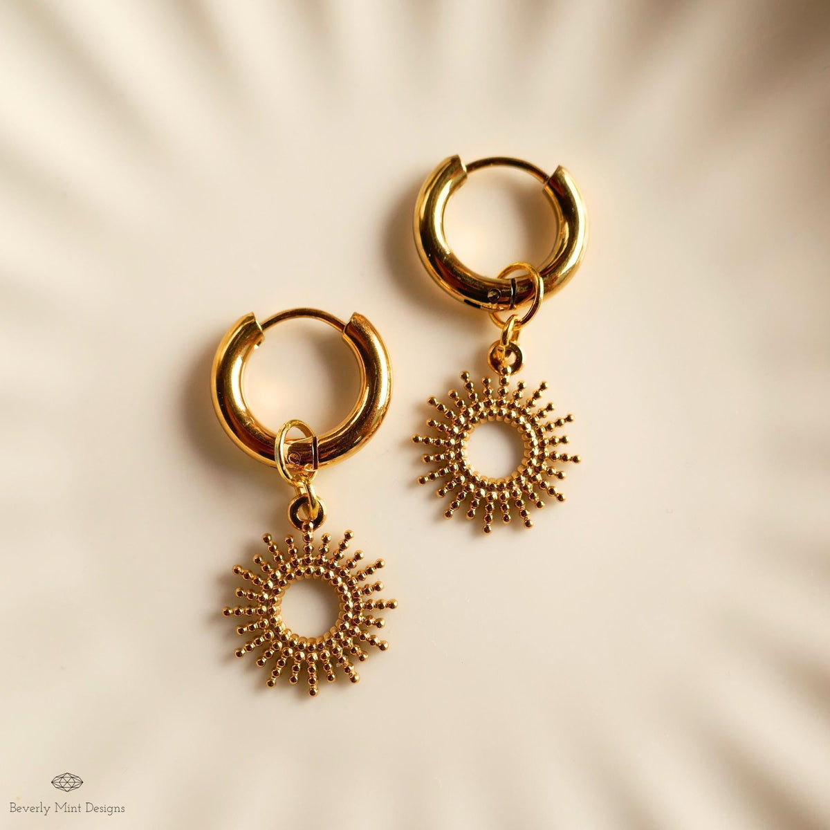 Gold Sunburst Hoop Earrings, Textured Dangle Earrings Celestial Boho Jewelry, Chunky Huggie Earrings, Holiday Gift