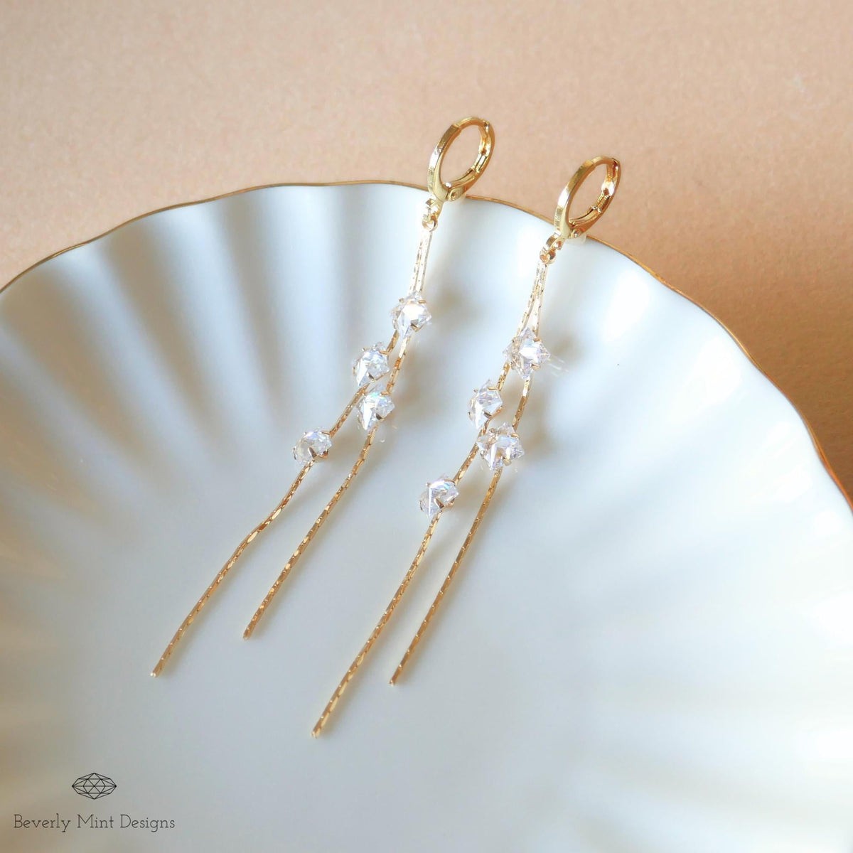 Gold Drop Earrings with Sparkling Crystals, Long Gold Dangle Earrings with Zircon, Bridesmaids Earrings, Sensitive Ear & Clip-On Options